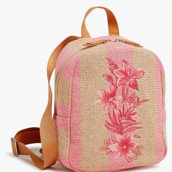 Vera Bradley Handbags - Vera Bradley Mini Straw Backpack in “Candy Pink Stripe” pink embroidery.  NWT